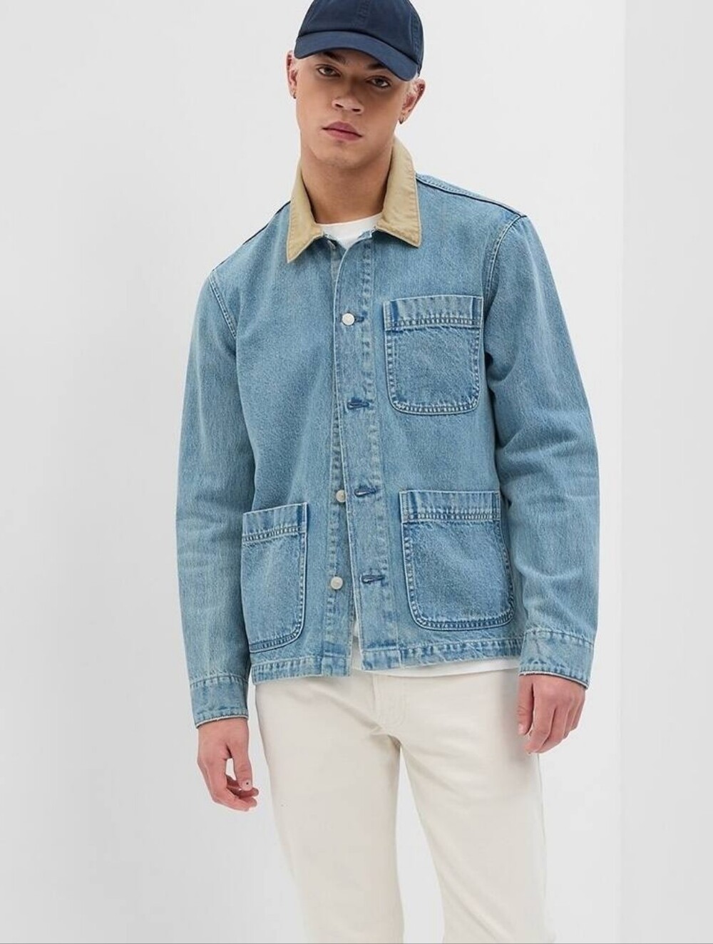 Gap Denim Chore Jacket Tan Collar Pockets Size XS Blue Jean